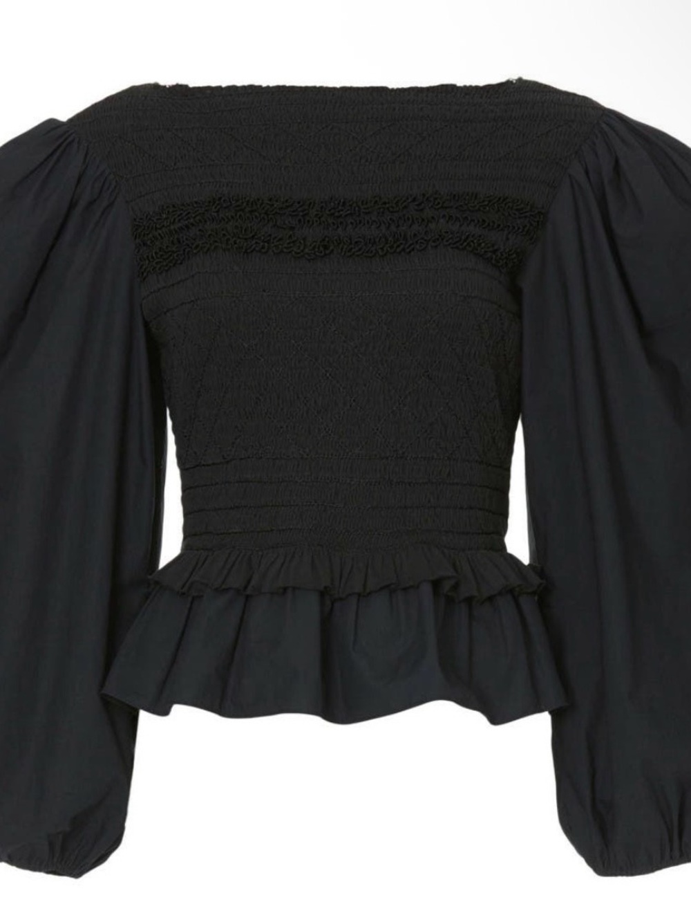 Ulla Johnson Black Smocked Peplum Blouse with Puff Sleeves